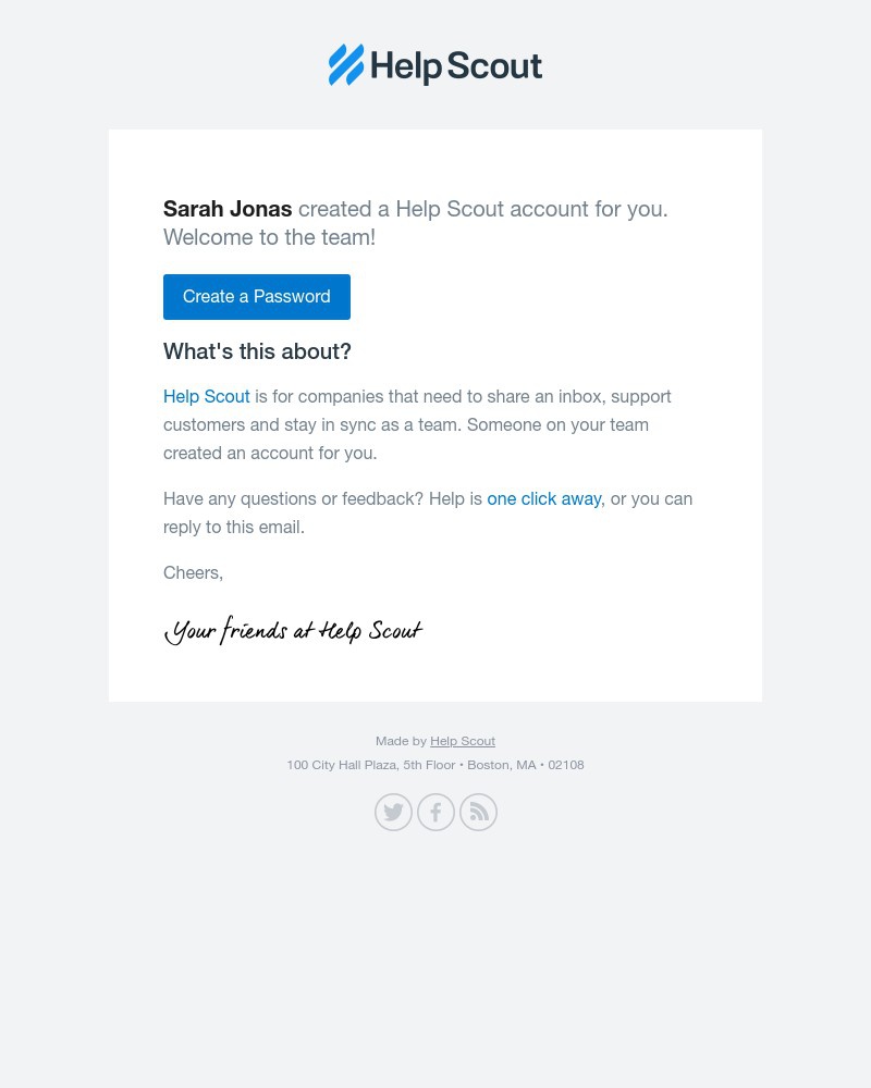 Screenshot of email sent to a Help Scout Invited user