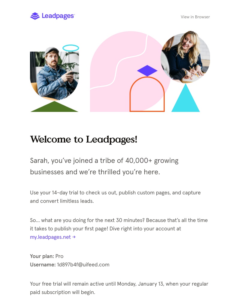 Screenshot of email sent to a Leadpages Trial user