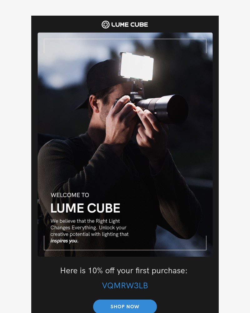 Screenshot of email sent to a Lume Cube Newsletter subscriber
