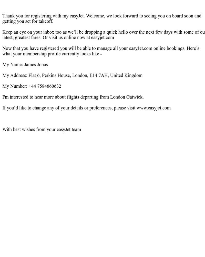 Screenshot of email sent to a EasyJet Registered user
