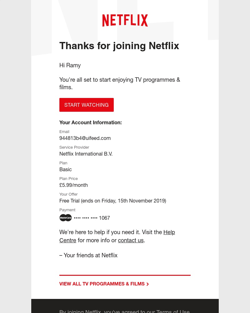 Screenshot of email sent to a Netflix Trial user