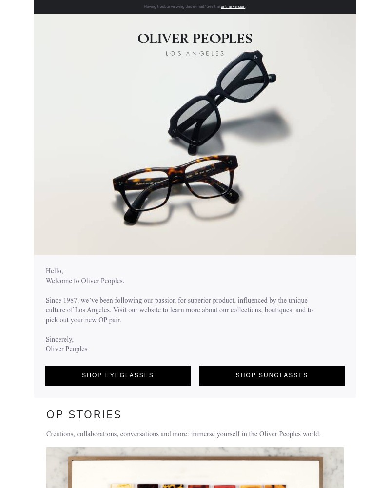 Screenshot of email sent to a Oliver Peoples Newsletter subscriber
