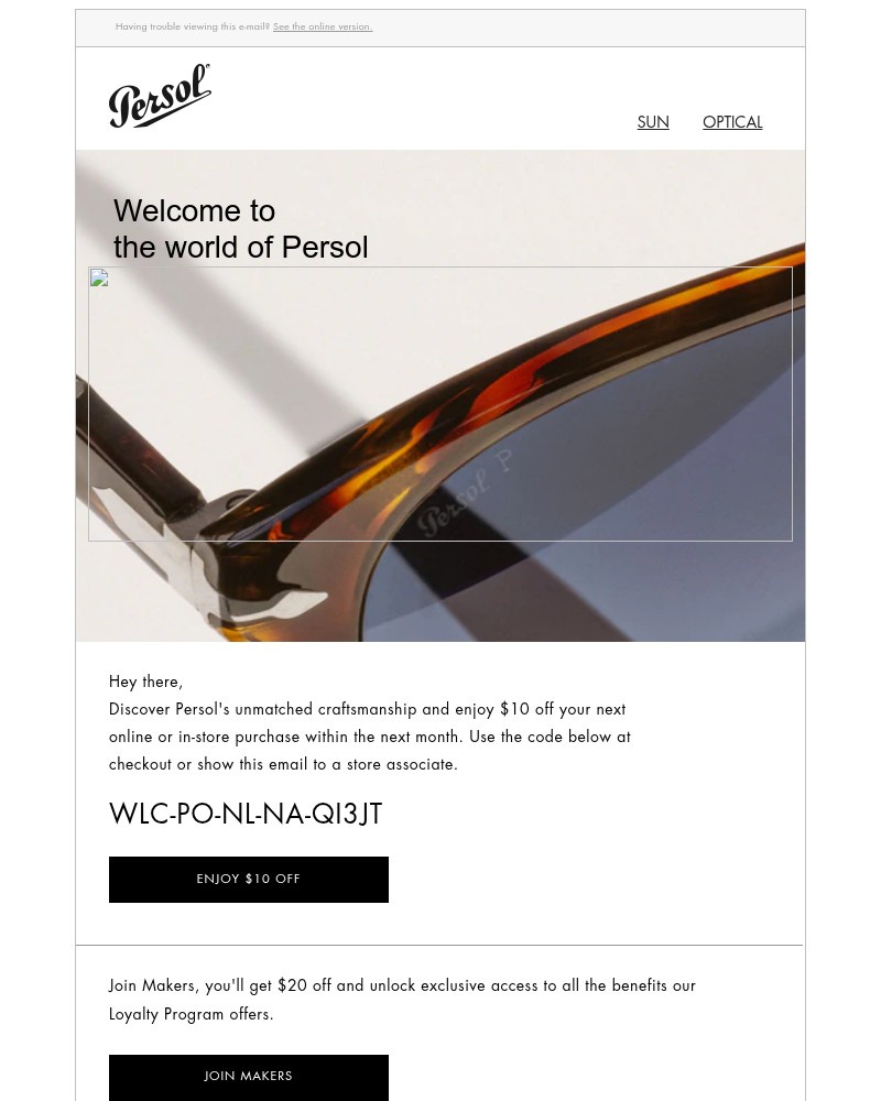 Screenshot of email sent to a Persol Newsletter subscriber
