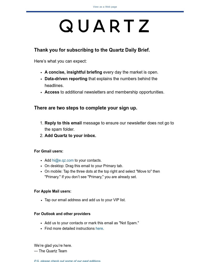 Screenshot of email sent to a Quartz Newsletter subscriber