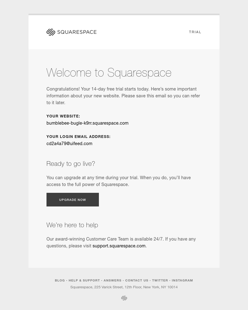 Screenshot of email sent to a Squarespace Trial user