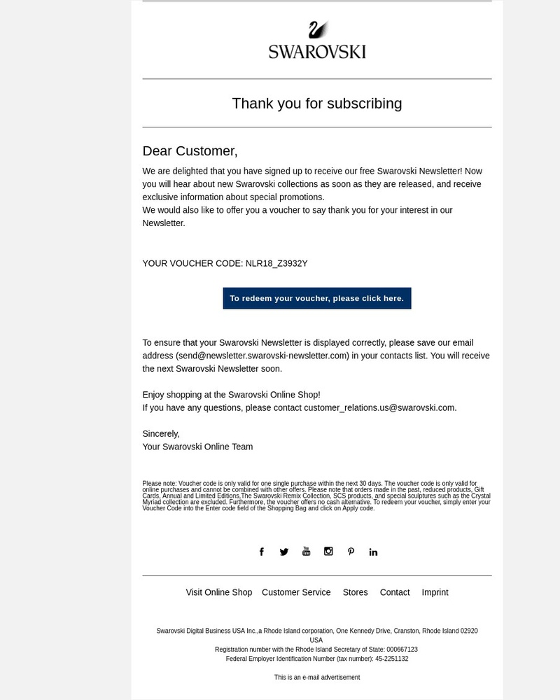Screenshot of email sent to a Swarovski Newsletter subscriber