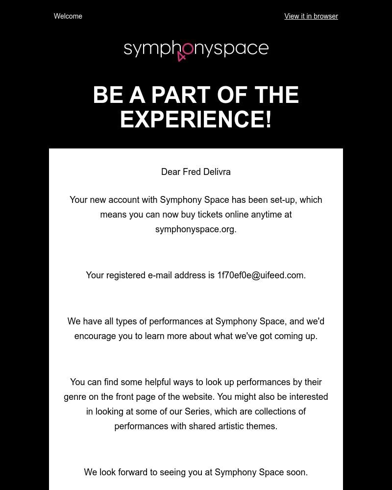 Screenshot of email sent to a Symphony Space Newsletter subscriber