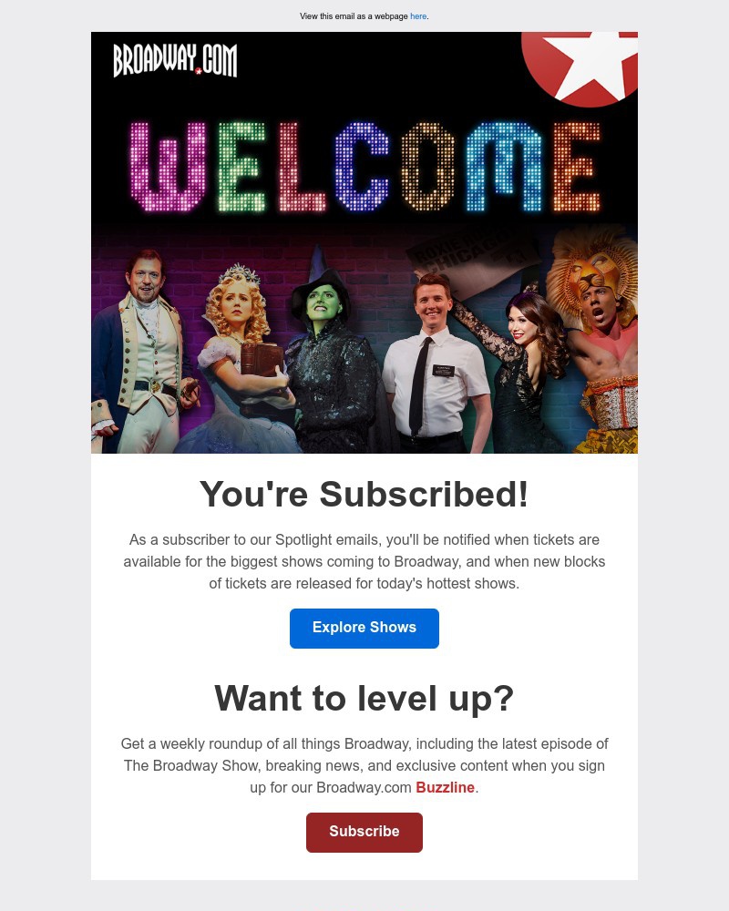 Screenshot of email sent to a Broadway NYC Newsletter subscriber
