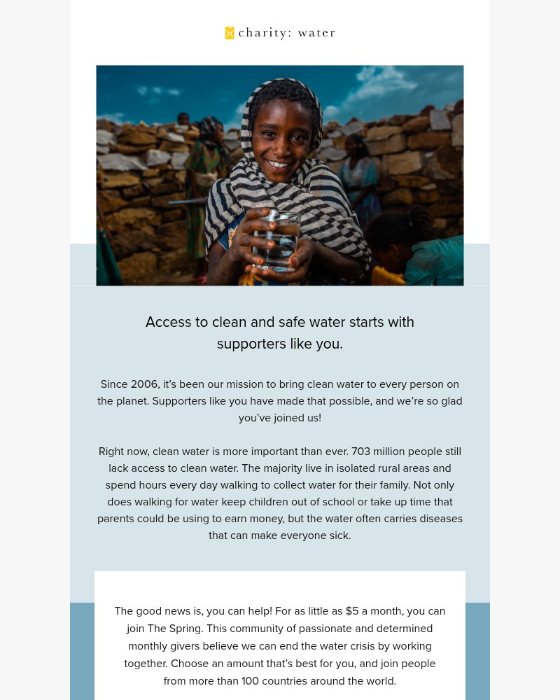 Screenshot of email sent to a Charity Water Newsletter subscriber