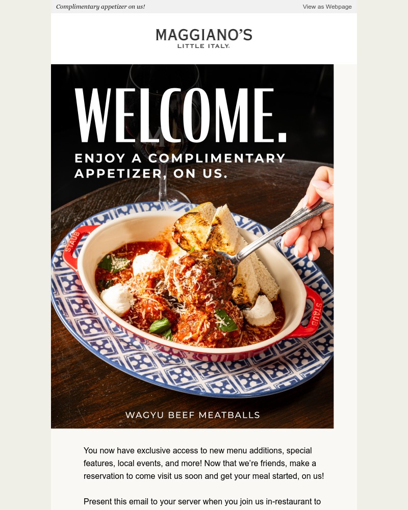 Screenshot of email sent to a Maggiano’s Little Italy Newsletter subscriber