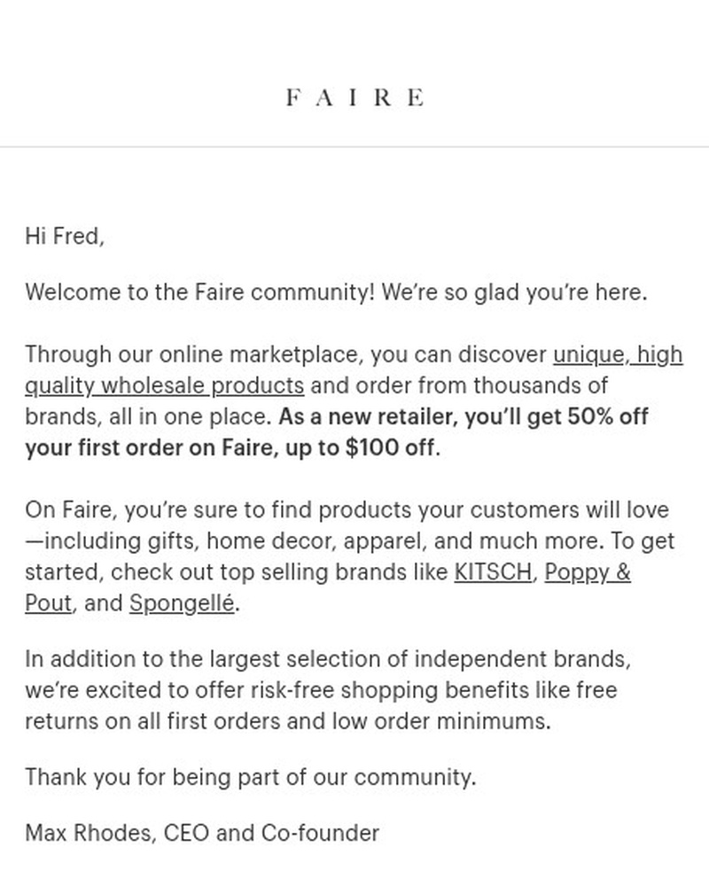 Screenshot of email sent to a Faire Newsletter subscriber