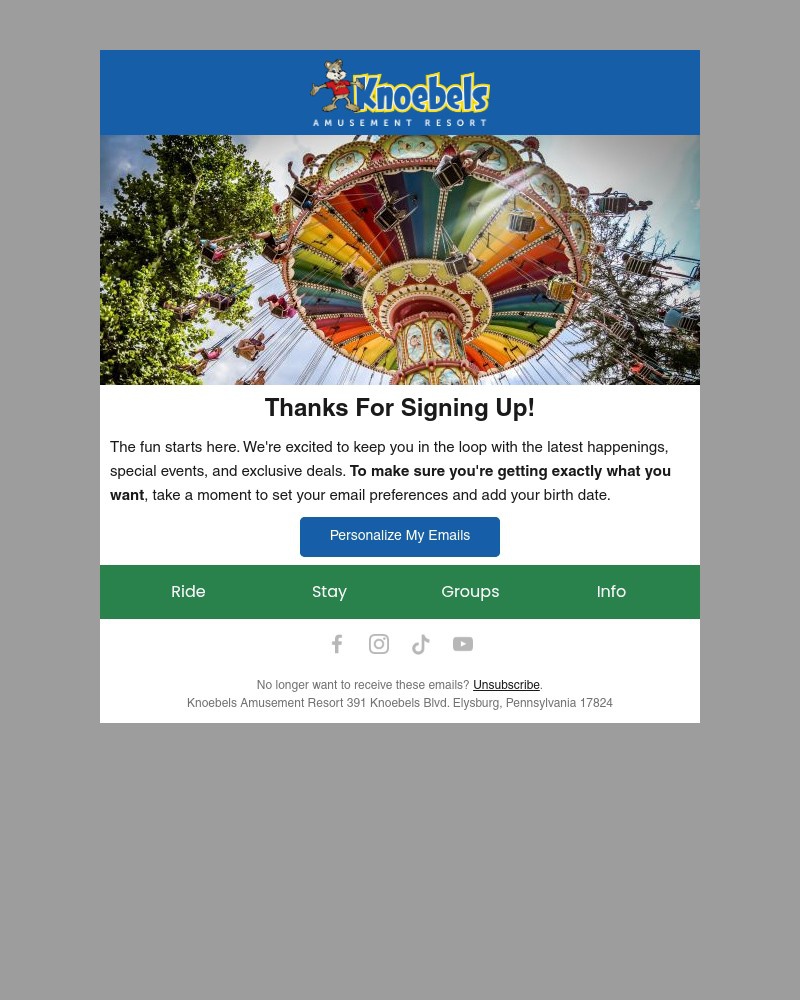 Screenshot of email sent to a Knoebels Newsletter subscriber