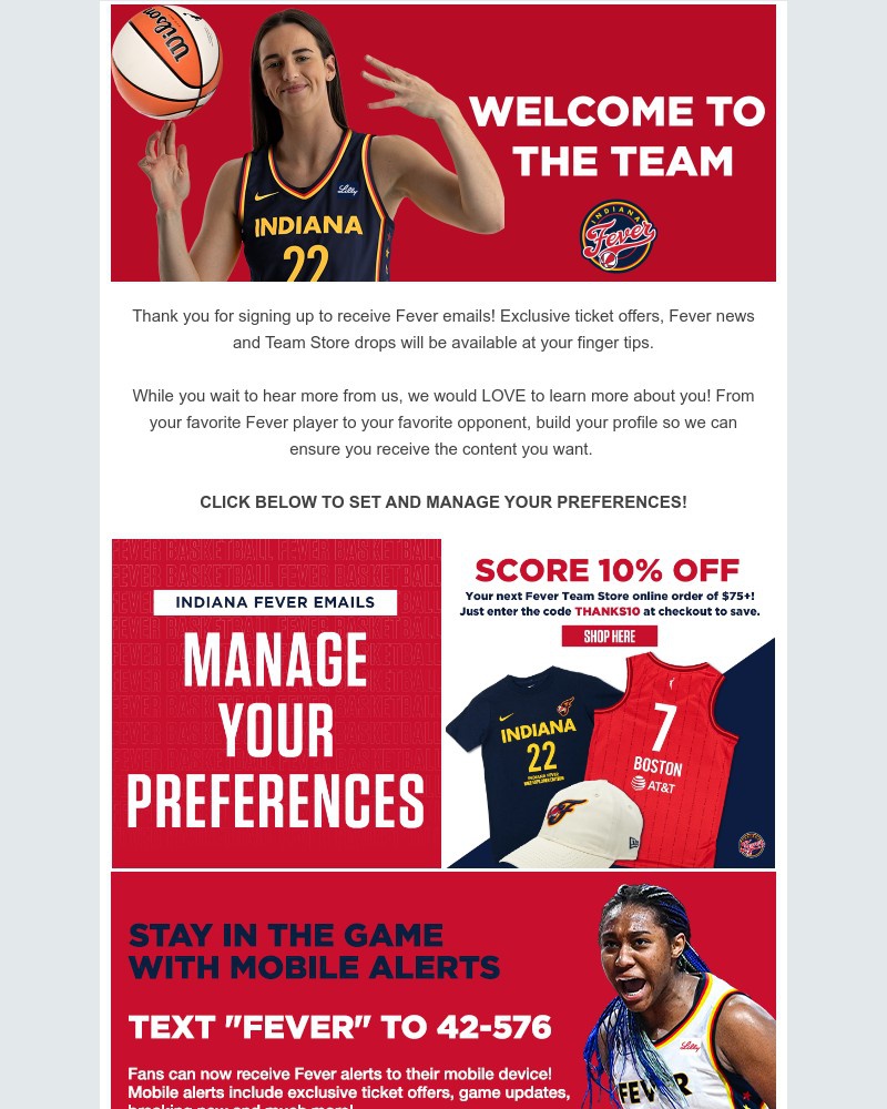Screenshot of email sent to a Indiana Fever Newsletter subscriber