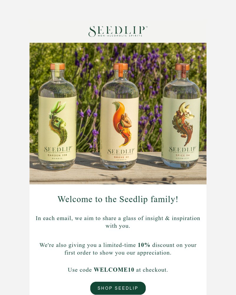 Screenshot of email sent to a Seedlip Newsletter subscriber