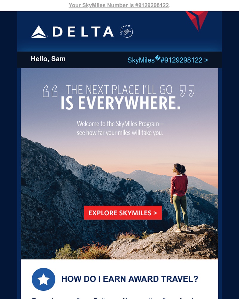 Screenshot of email sent to a Delta Registered user