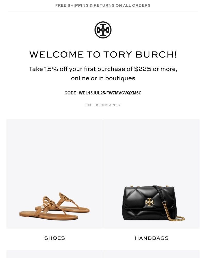 Screenshot of email sent to a Tory Burch Newsletter subscriber