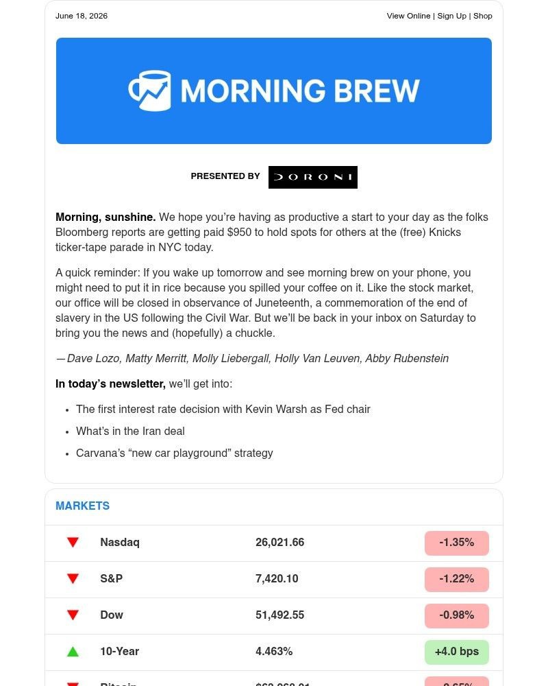 Screenshot of email sent to a Morning Brew Newsletter subscriber