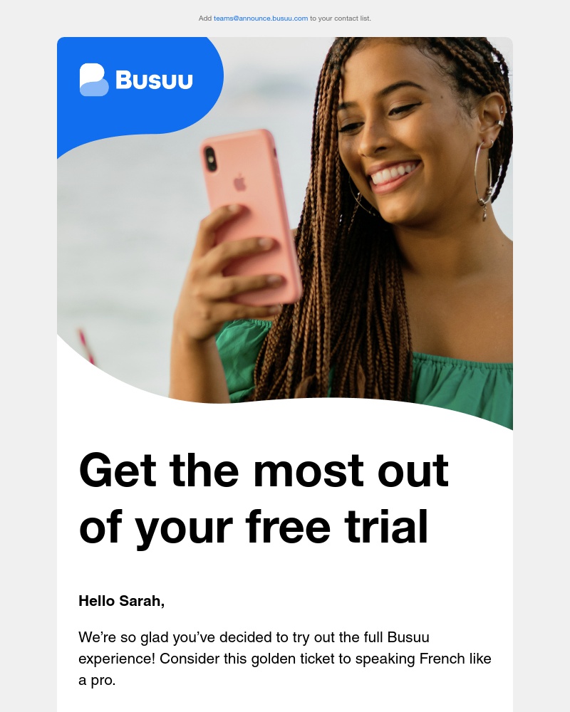 Screenshot of email sent to a Busuu Registered user