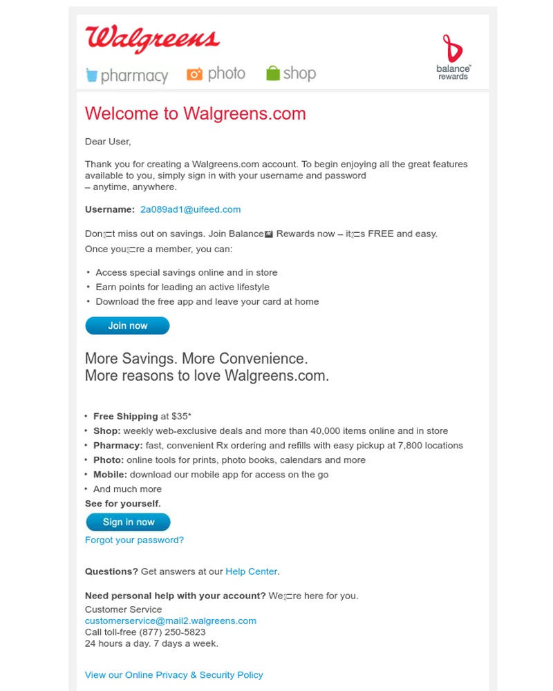 Screenshot of email sent to a Walgreens Registered user