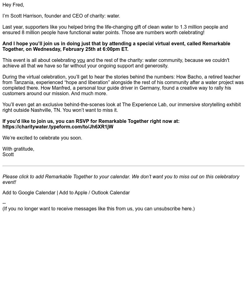 Screenshot of email sent to a Charity Water Newsletter subscriber