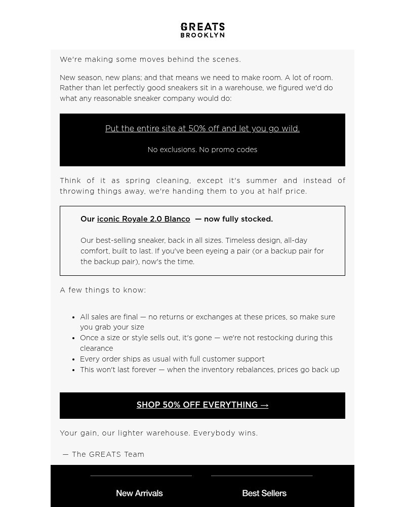 Screenshot of email sent to a Greats Newsletter subscriber