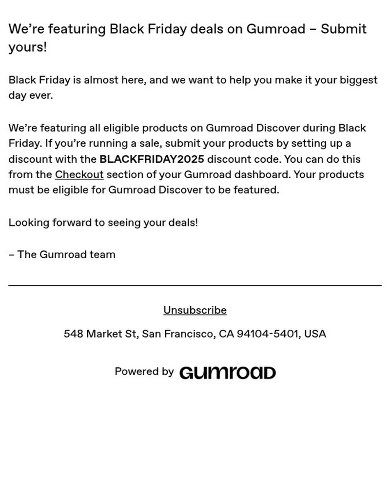Screenshot of email sent to a Gumroad Registered user