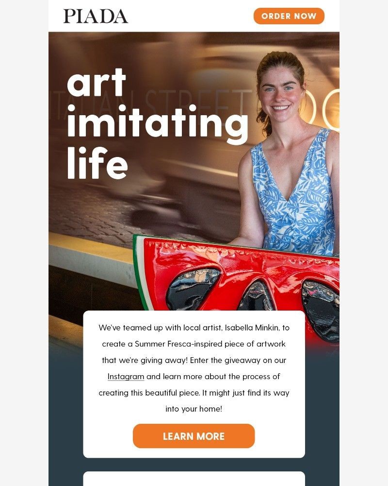 Screenshot of email sent to a Piada Italian Street Food Newsletter subscriber