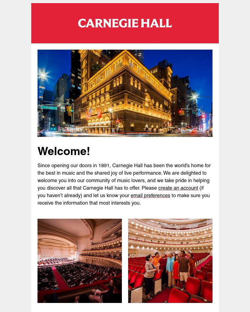Screenshot of email sent to a Carnegie Hall Newsletter subscriber
