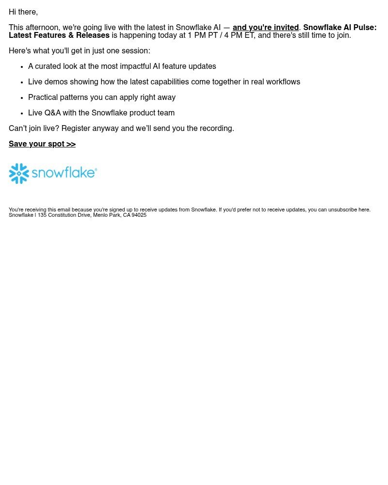 Screenshot of email with subject /media/emails/were-going-live-today-snowflake-ai-pulse-latest-features-releases-6a75ec-cropped-1951bf1b.jpg
