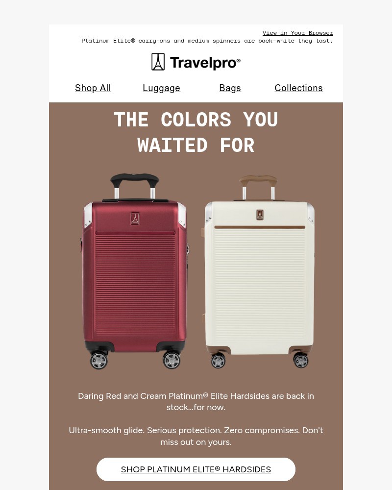 Screenshot of email sent to a Travelpro Newsletter subscriber
