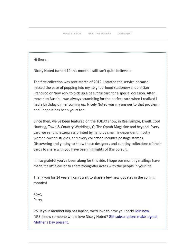 Screenshot of email sent to a Nicely Noted Newsletter subscriber
