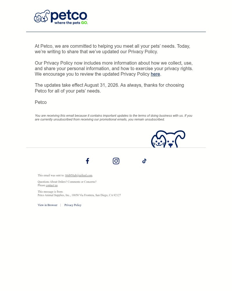 Screenshot of email sent to a Petco Newsletter subscriber