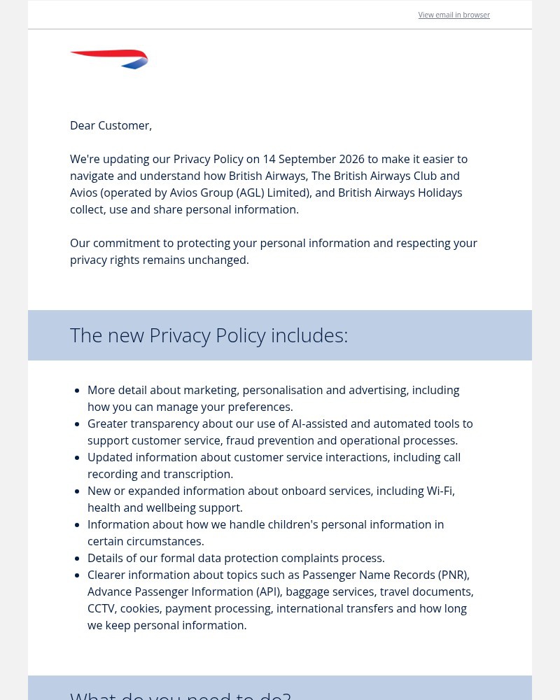 Screenshot of email sent to a British Airways Registered user