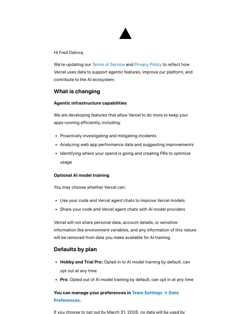 Screenshot of email sent to a Vercel Registered user