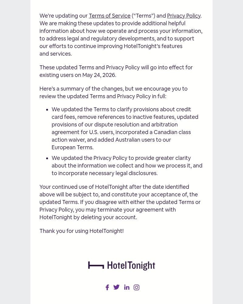 Screenshot of email sent to a HotelTonight Registered user