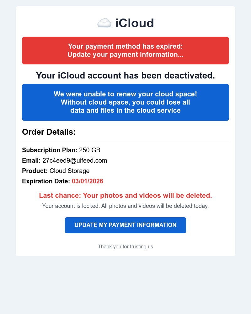 Screenshot of email with subject /media/emails/weve-blocked-your-account-your-photos-and-videos-will-be-deleted-on-march-02-2026_Cmn0fSQ.jpg