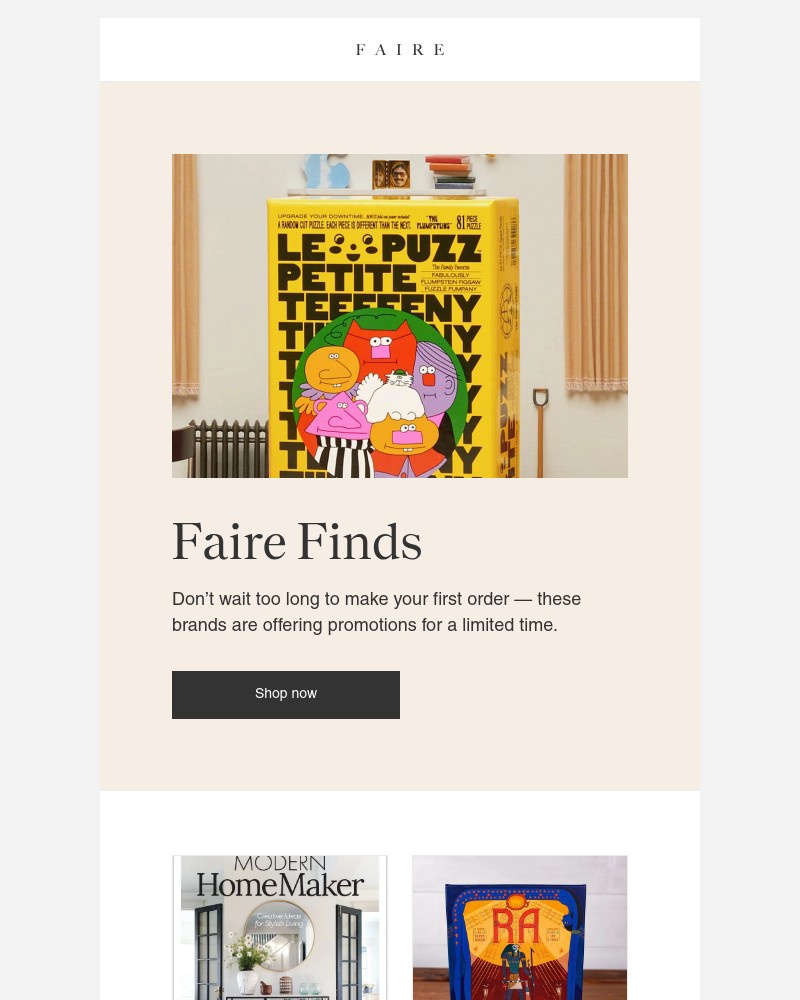 Screenshot of email sent to a Faire Newsletter subscriber