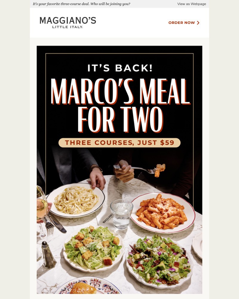 Screenshot of email sent to a Maggiano’s Little Italy Newsletter subscriber