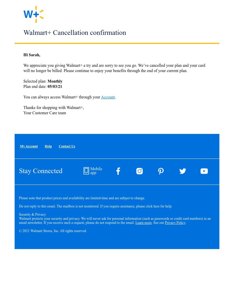 Screenshot of email sent to a WalMart Registered user
