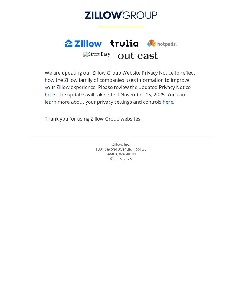 Screenshot of email sent to a Zillow Registered user