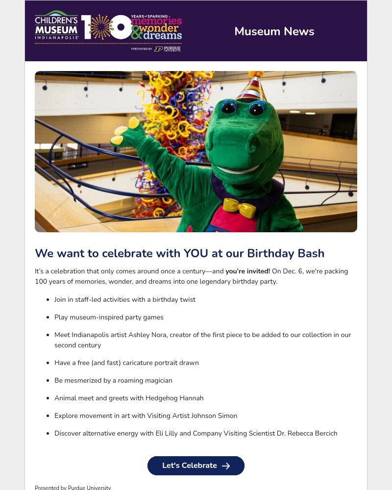 Screenshot of email sent to a The Children’s Museum of Indianapolis Newsletter subscriber