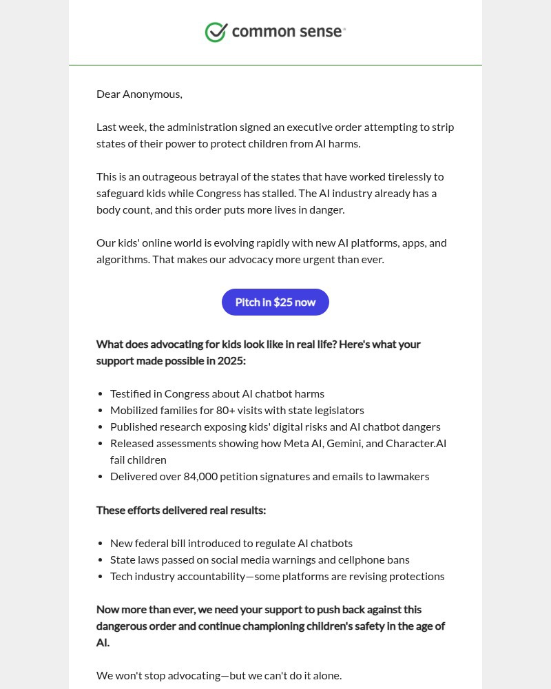 Screenshot of email sent to a Common Sense Newsletter subscriber