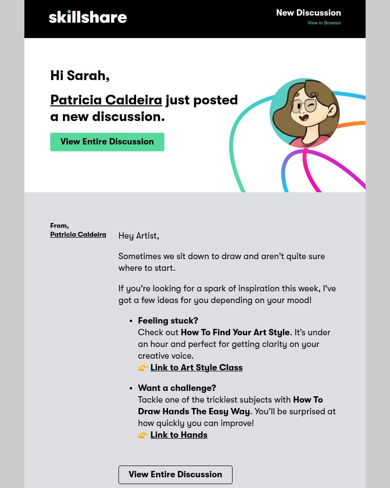 Screenshot of email sent to a Skillshare Registered user