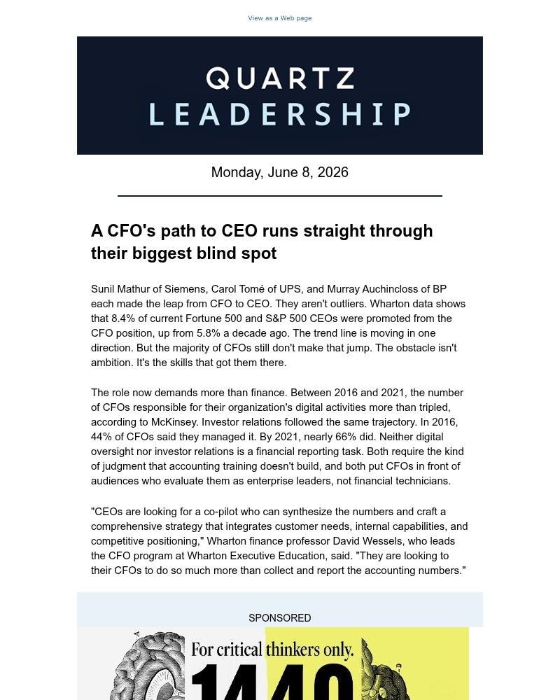 Screenshot of email sent to a Quartz Newsletter subscriber