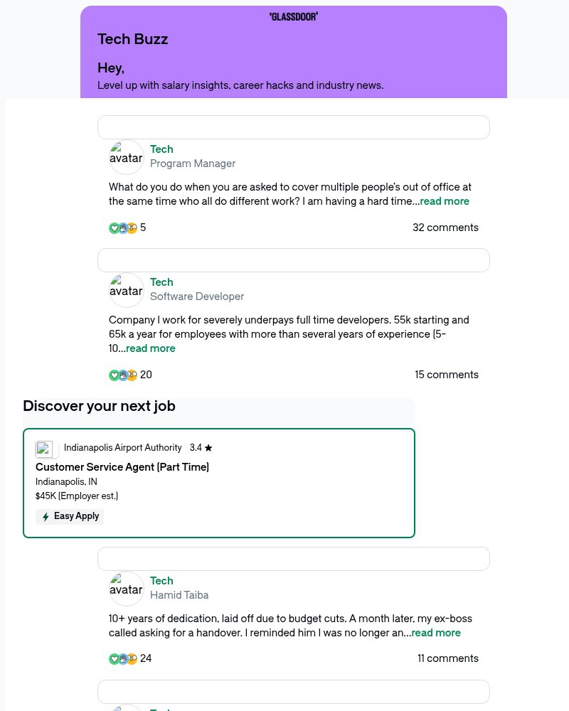 Screenshot of email sent to a Glassdoor Registered user
