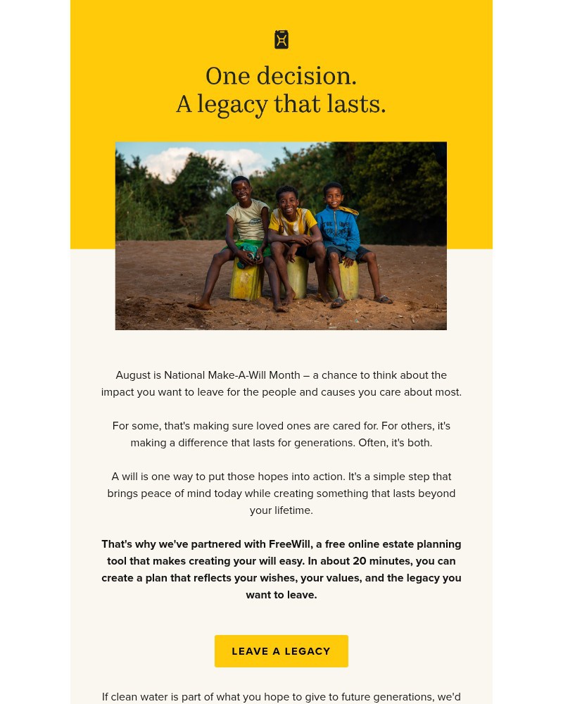 Screenshot of email sent to a Charity Water Newsletter subscriber