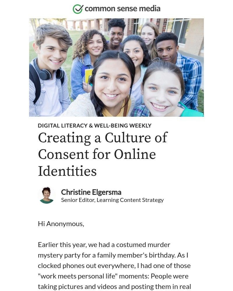 Screenshot of email sent to a Common Sense Newsletter subscriber