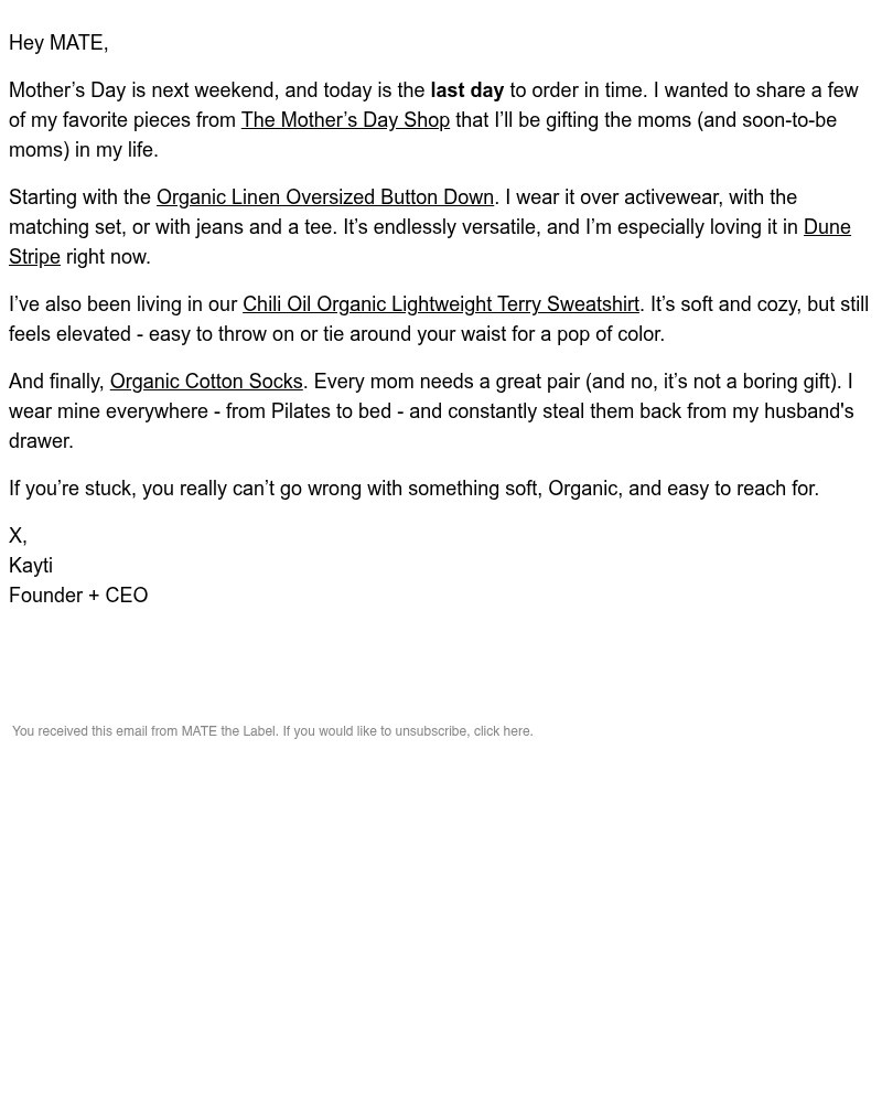 Screenshot of email sent to a MATE the Label Newsletter subscriber