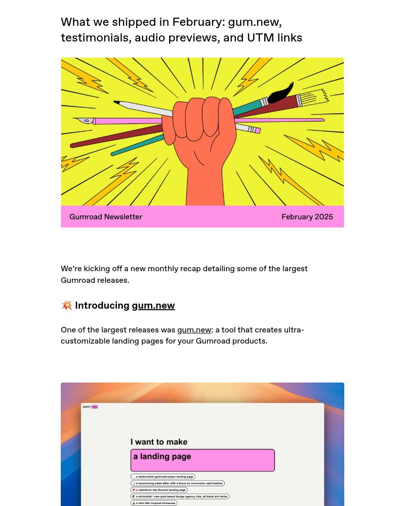Screenshot of email with subject /media/emails/what-we-shipped-in-february-gumnew-testimonials-audio-previews-and-utm-links-1419_0w6VJ6e.jpg