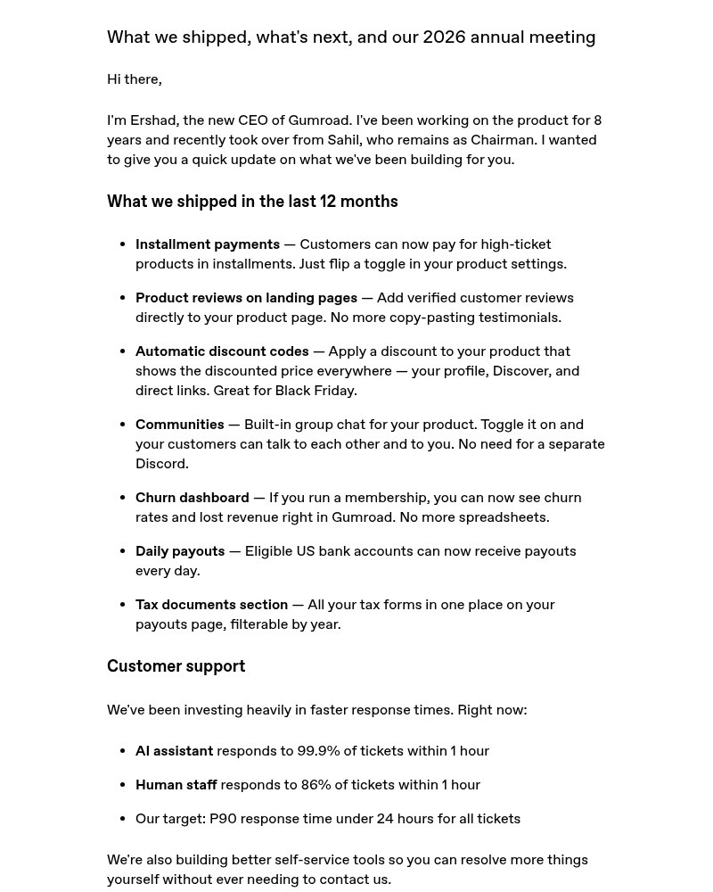 Screenshot of email sent to a Gumroad Registered user